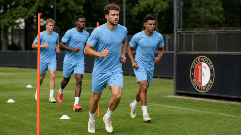Spelers trainen op het oefenveld van Feyenoord naast een discreet clubbord.