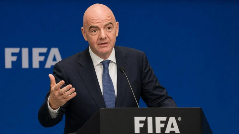 Gianni Infantino spreekt aan een FIFA-lessenaar tijdens een persmoment.