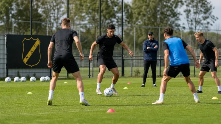 Spelers werken een training af op het oefenveld van NAC Breda.