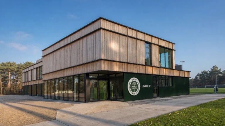 De ingang van het trainingscomplex van Lommel SK met het zichtbare clublogo.