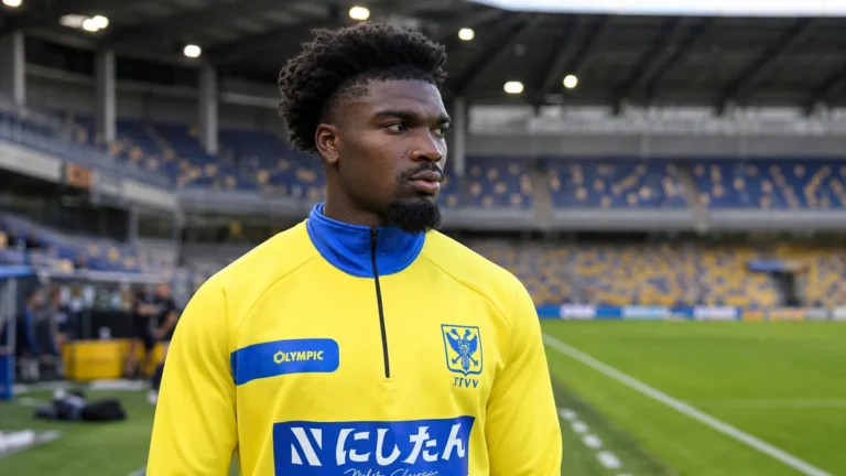 Loïc Mbe Soh in gele trainingskleding aan de rand van een voetbalveld.