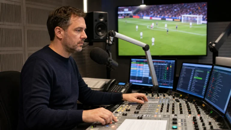 Een producer werkt in een professionele radiostudio met voetbalbeelden op een monitor.