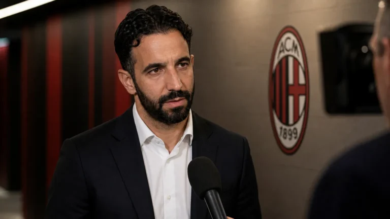 Ruben Amorim spreekt na een wedstrijd in een rustige AC Milan-omgeving.