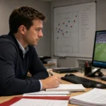 Een Arsenal-medewerker bekijkt wedstrijdbeelden in een kantoor van de club.