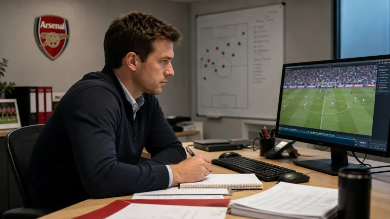 Een Arsenal-medewerker bekijkt wedstrijdbeelden in een kantoor van de club.