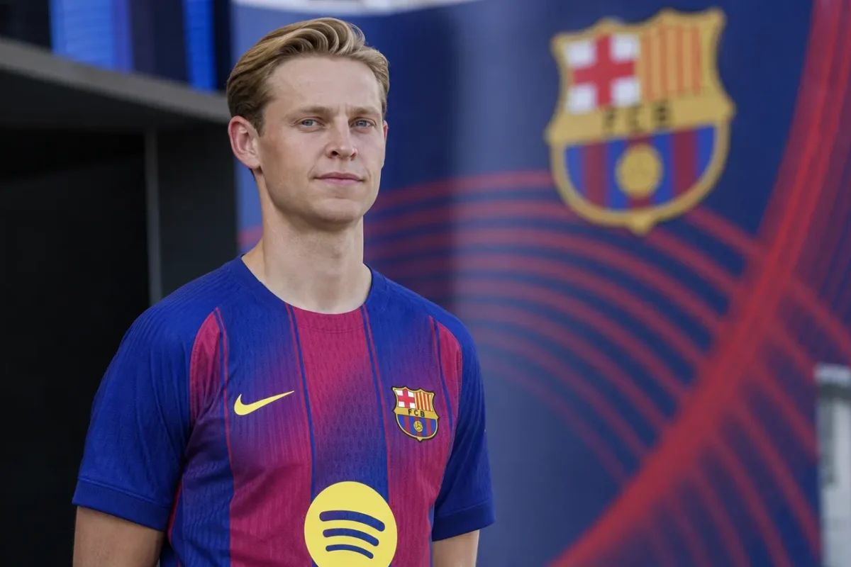 Frenkie de Jong tijdens een spelersvoorstelling van FC Barcelona.