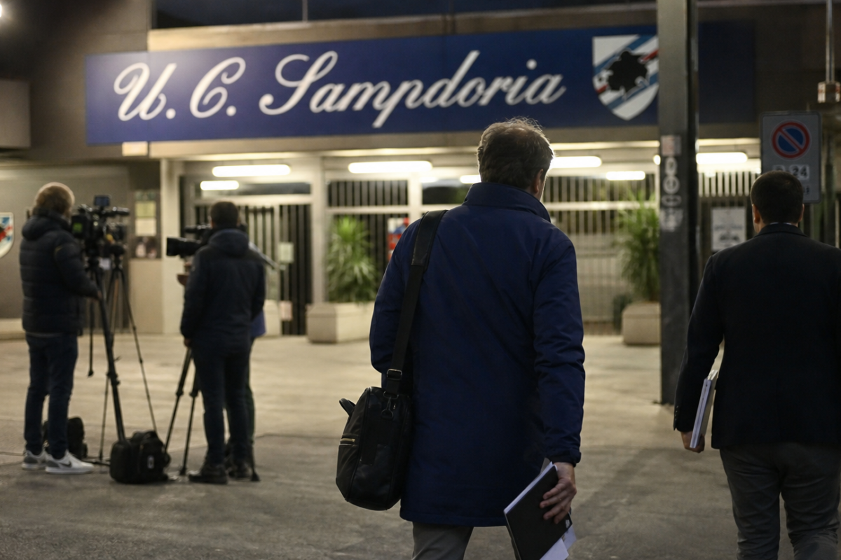 Anonieme medewerkers bij de ingang van een stadion in Genua.