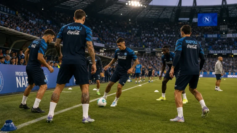 Niet-identificeerbare Napoli-spelers tijdens de opwarming in een gevuld stadion.