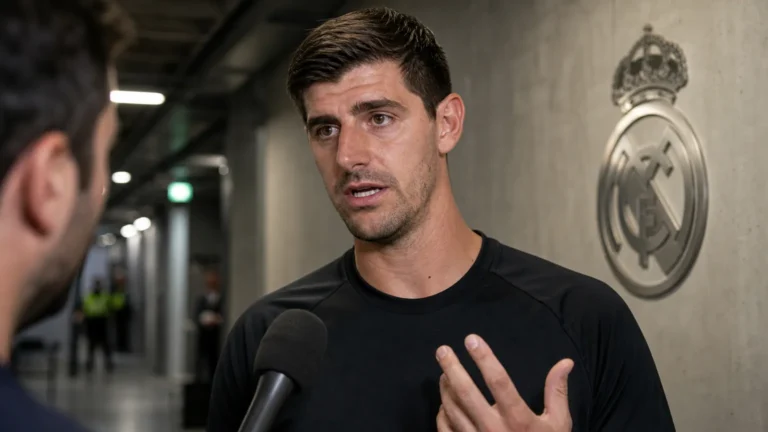 Thibaut Courtois spreekt in een stadioninterview na een wedstrijd van Real Madrid.