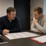 Medewerkers in neutrale kledij overleggen in een clubruimte van Standard Luik.