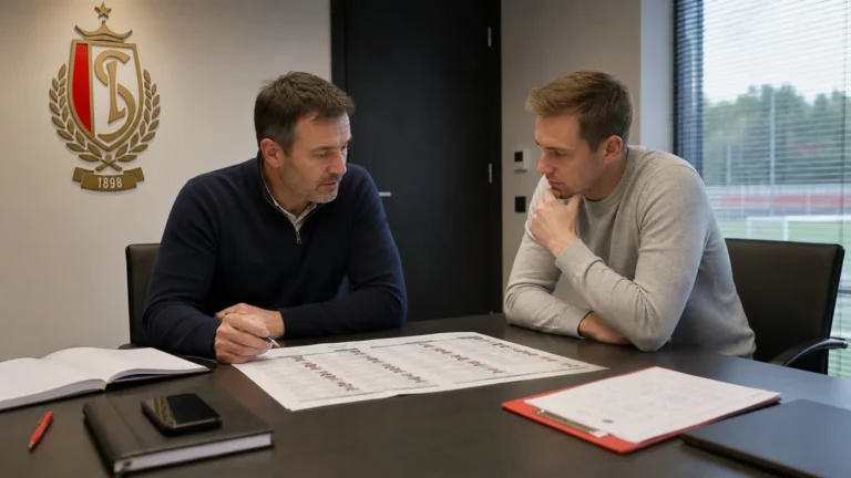 Medewerkers in neutrale kledij overleggen in een clubruimte van Standard Luik.