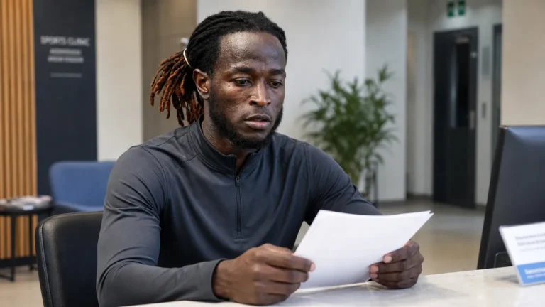 Parfait Guiagon in neutrale sportkleding tijdens de laatste transferformaliteiten.