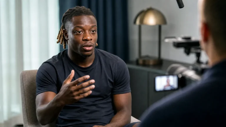 Jérémy Doku tijdens een opgenomen voetbalinterview in een rustige studiokamer.