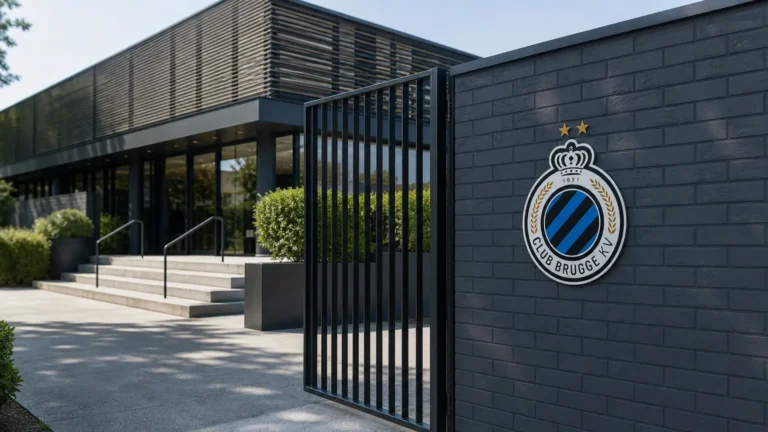 De ingang van het trainingscomplex van Club Brugge met een discreet clubembleem aan de gevel.