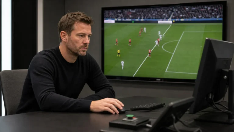 Een medewerker bekijkt voetbalbeelden op een monitor in een neutrale analyseruimte.