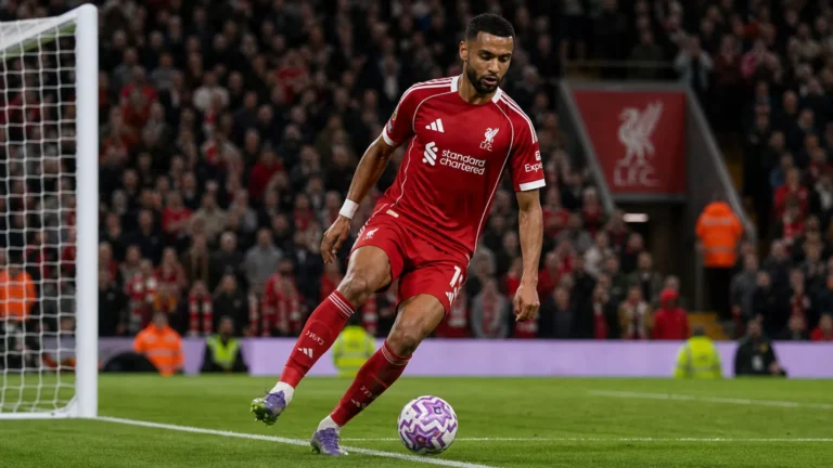 Cody Gakpo in Liverpool-tenue tijdens een actie voor doel op een voetbalveld.