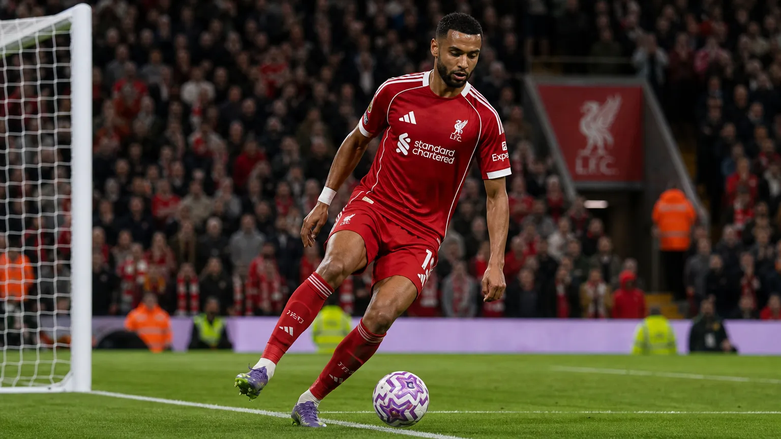 Cody Gakpo in Liverpool-tenue tijdens een actie voor doel op een voetbalveld.