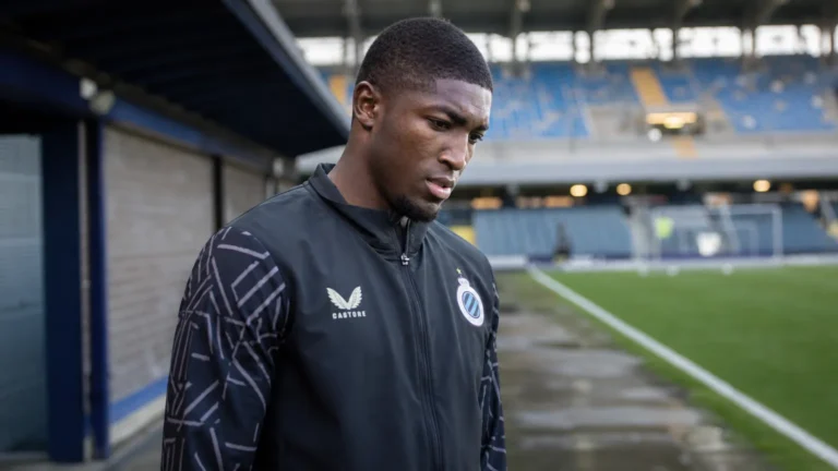 Joel Ordoñez in een zwarte trainingsjas van Club Brugge naast het veld.