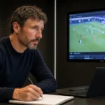 Mark van Bommel bekijkt beelden tijdens de voorbereiding van zijn eerste selectie voor de Rode Duivels.