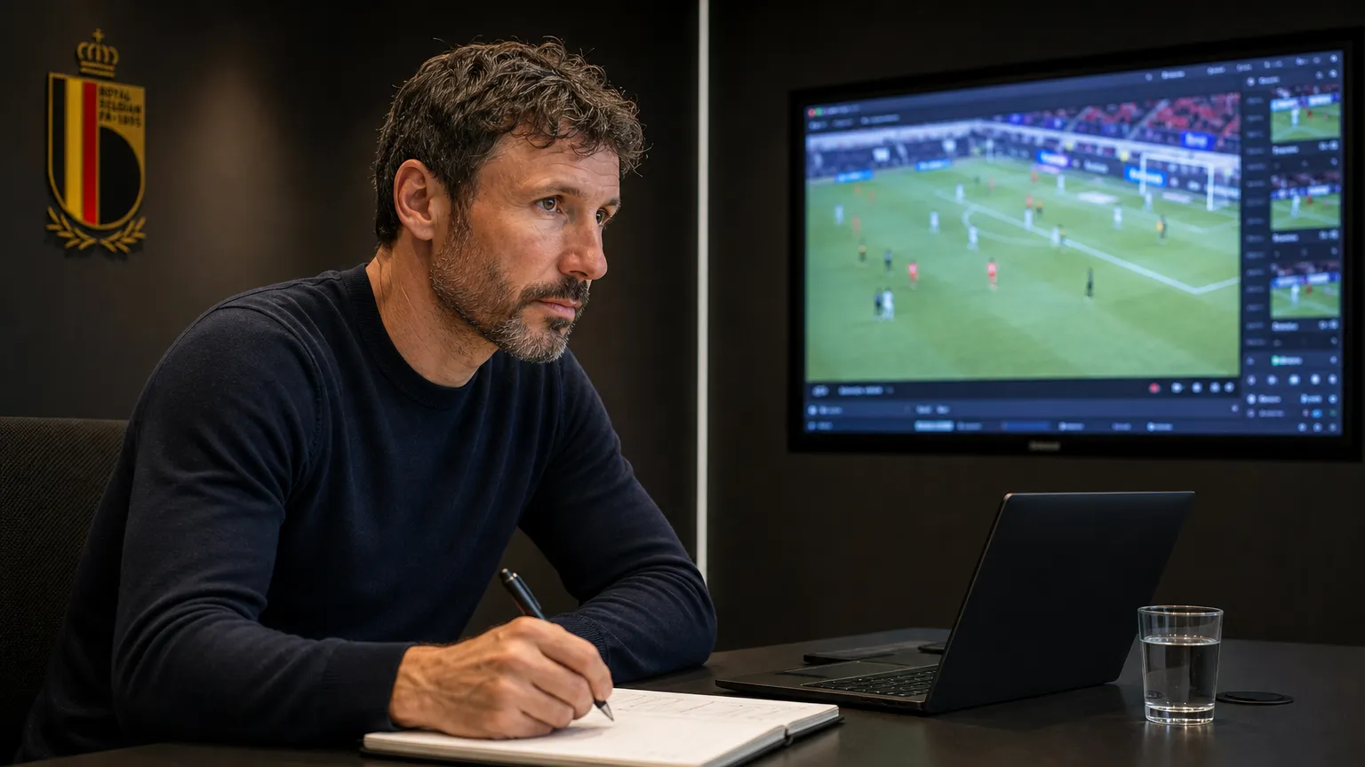 Mark van Bommel bekijkt beelden tijdens de voorbereiding van zijn eerste selectie voor de Rode Duivels.
