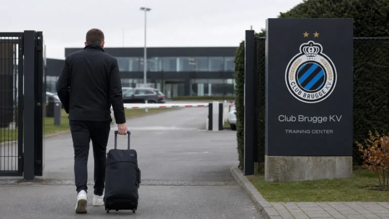 Een niet-herkenbare man met reistas wandelt langs een Club Brugge-bord aan het trainingscomplex.