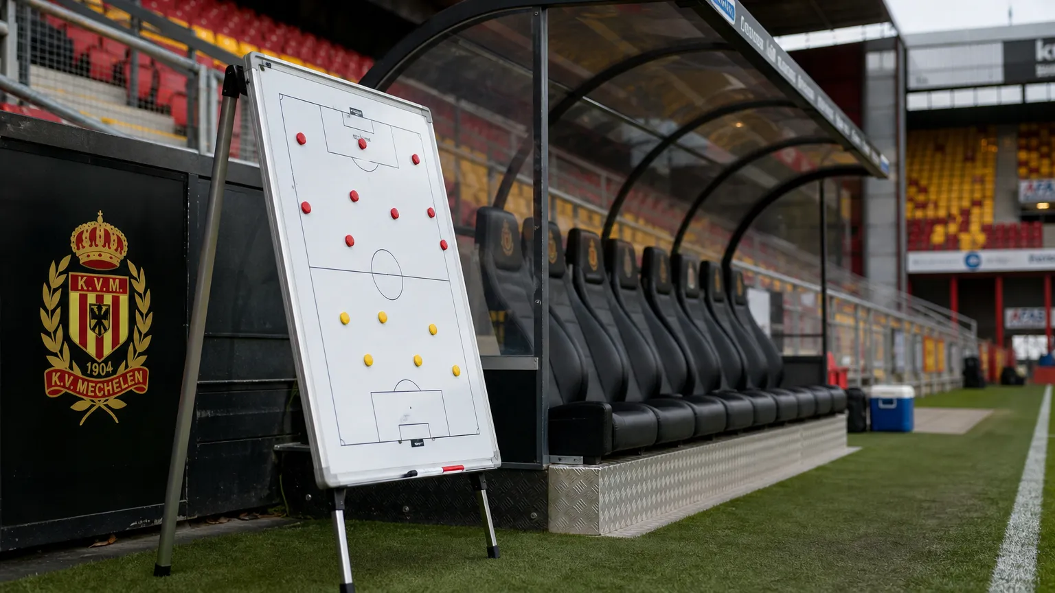 Een leeg tactiekbord in de technische zone van KV Mechelen.