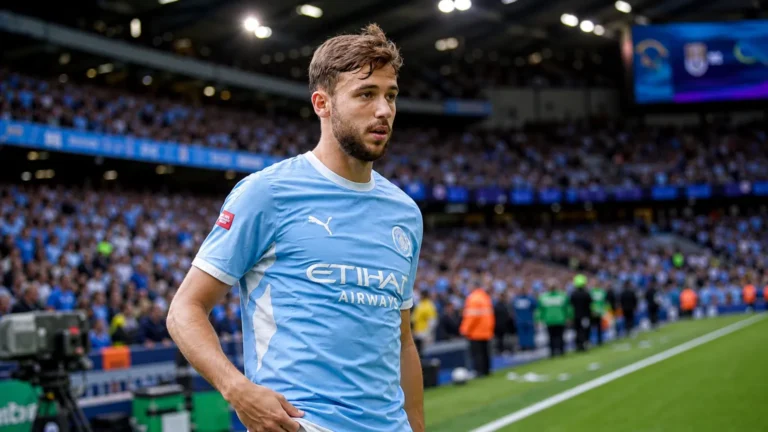 Nico González in lichtblauw Manchester City-tenue langs de rand van een voetbalveld.