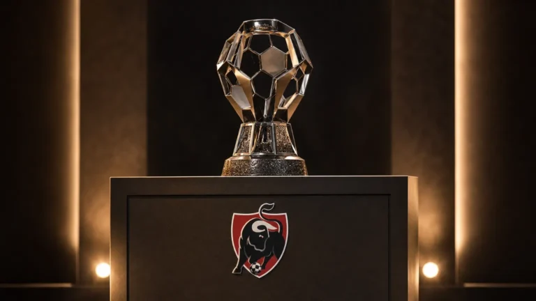 De Jupiler Pro League-trofee op een verlicht prijzenpodium.