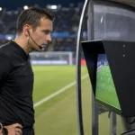 Een scheidsrechter bekijkt beelden op een VAR-monitor naast het voetbalveld.