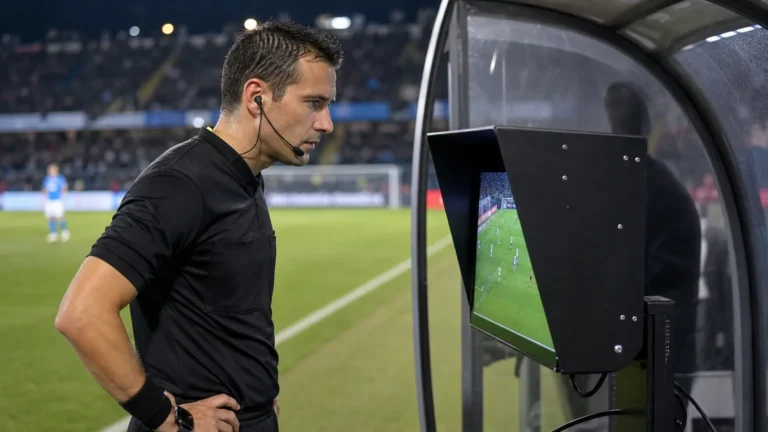 Een scheidsrechter bekijkt beelden op een VAR-monitor naast het voetbalveld.