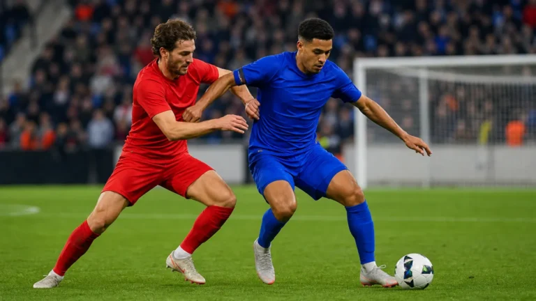Twee voetballers in rode en blauwe onbedrukte tenues vechten om de bal nabij het strafschopgebied.