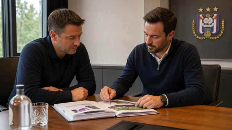Twee clubmedewerkers bespreken documenten in een vergaderruimte van RSC Anderlecht.