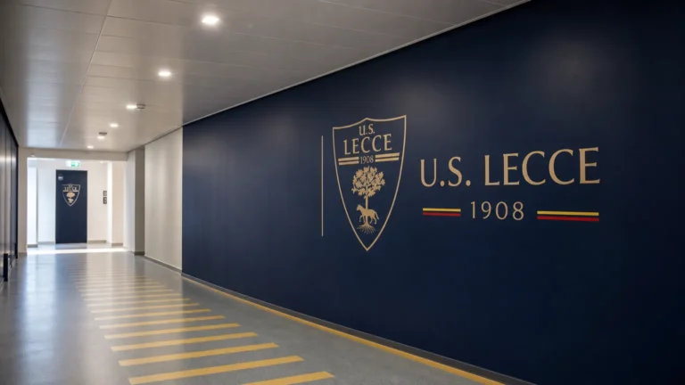 Een lege clubgang bij Lecce met subtiele clubbranding op de vaste wand.