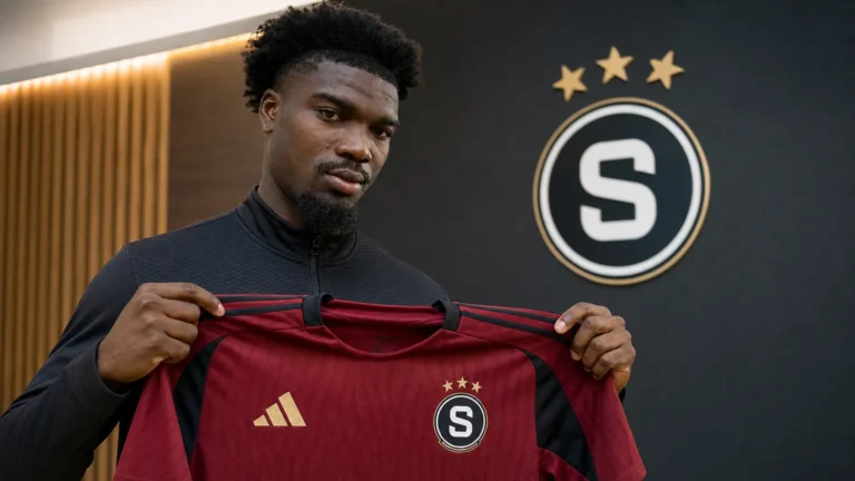 Loïc Mbe Soh poseert met het shirt van Sparta Praag tijdens zijn officiële voorstelling.