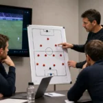 Medewerkers bekijken tactische beelden in een analysezaal van Royal Antwerp FC.
