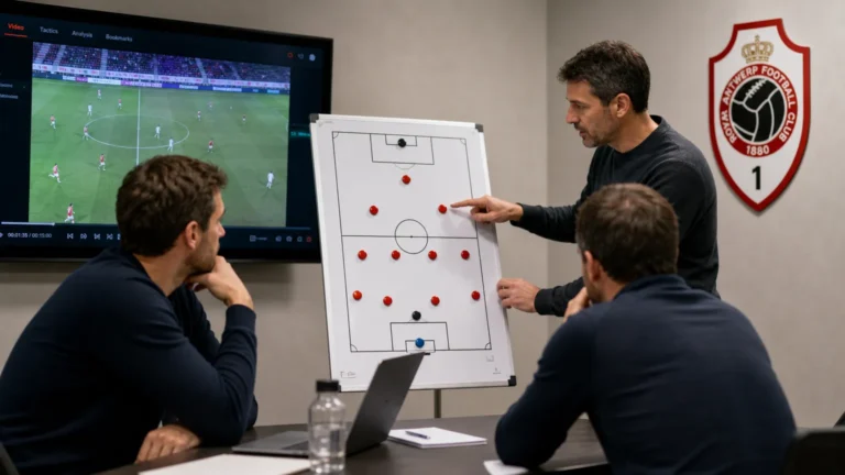 Medewerkers bekijken tactische beelden in een analysezaal van Royal Antwerp FC.
