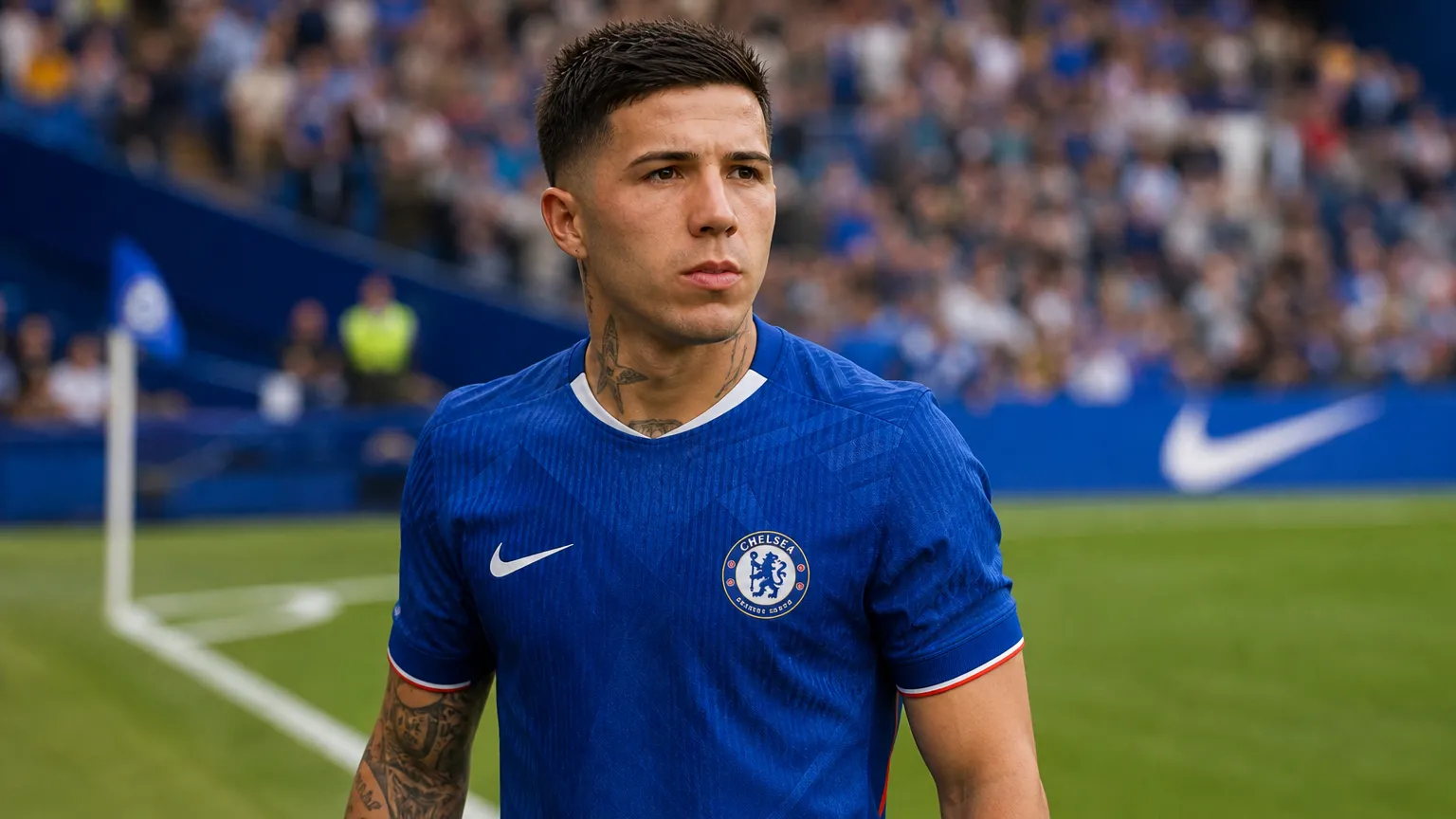 Enzo Fernández in het blauwe tenue van Chelsea aan de rand van het veld.