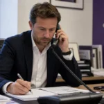 Een medewerker in neutrale kledij telefoneert in een kantoor met een discreet Fiorentina-wandanker.