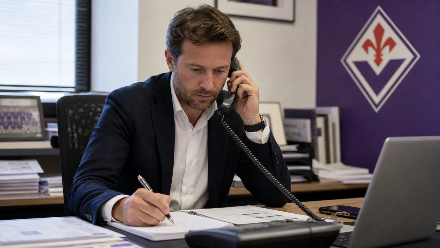 Een medewerker in neutrale kledij telefoneert in een kantoor met een discreet Fiorentina-wandanker.