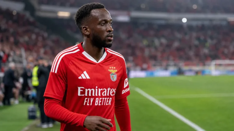 Dodi Lukebakio in het rode tenue van Benfica aan de rand van het veld