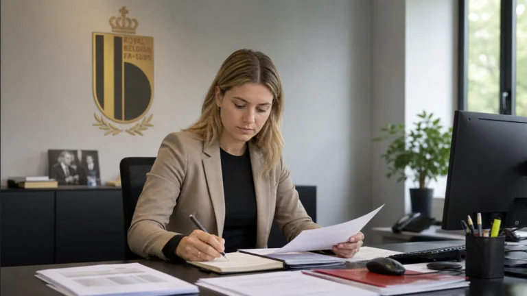 Een medewerker werkt in een kantooromgeving van de Koninklijke Belgische Voetbalbond.