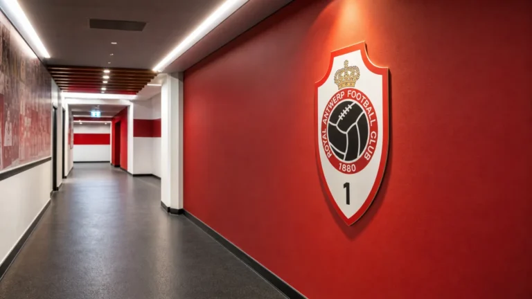 Een lege clubgang met Royal Antwerp FC-branding op een vaste wand.