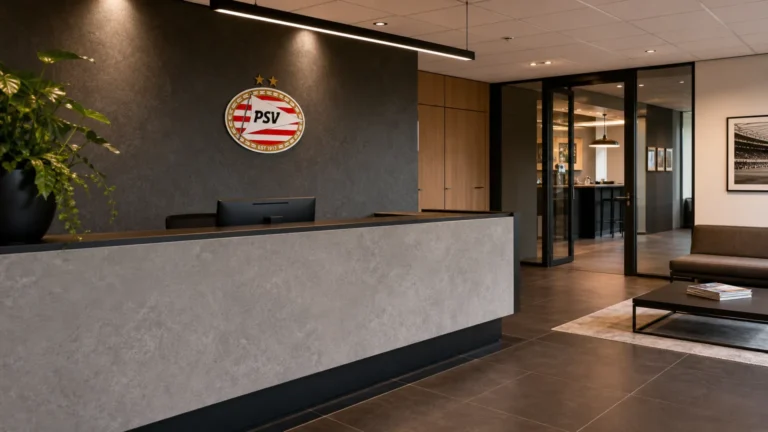 Een lege administratieve ontvangstruimte bij PSV met een discreet clubembleem aan de wand.