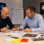 Twee wedstrijdofficials bespreken aanstellingen in een operationele ruimte van de Jupiler Pro League.