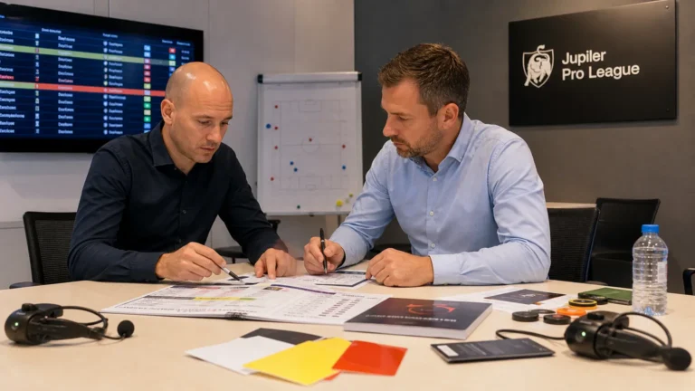 Twee wedstrijdofficials bespreken aanstellingen in een operationele ruimte van de Jupiler Pro League.