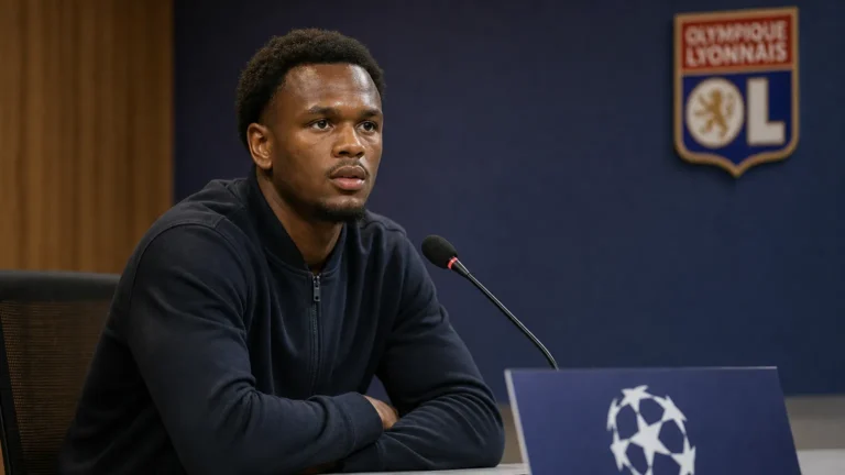 Loïs Openda tijdens een persmoment van Olympique Lyon voor de return tegen Fenerbahçe.