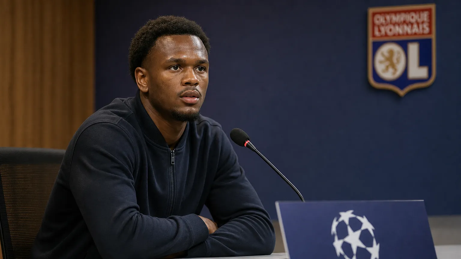 Loïs Openda tijdens een persmoment van Olympique Lyon voor de return tegen Fenerbahçe.