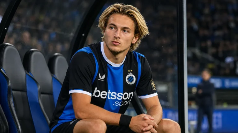 Romeo Vermant in een blauw-zwart wedstrijdshirt aan de reservebank.
