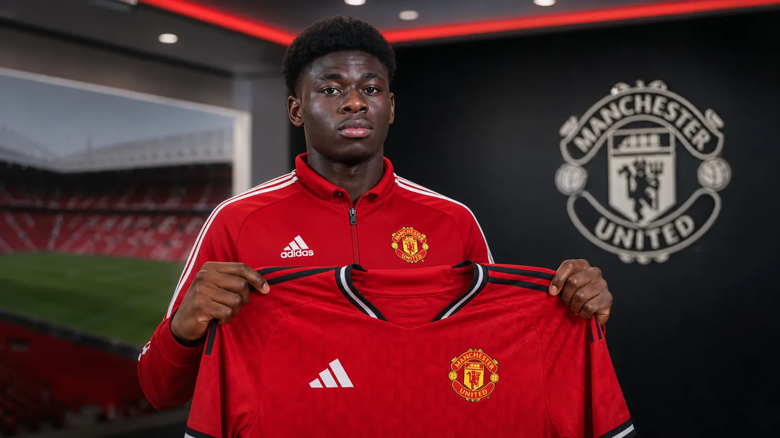 Carlos Baleba poseert met een Manchester United-shirt tijdens zijn officiële voorstelling.