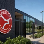 De ingang van het clubcomplex van Almere City met een vast clubbord.